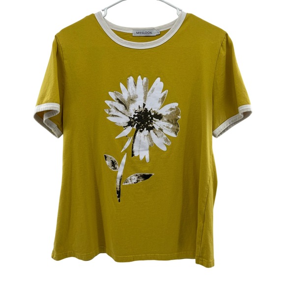 MISSLOOK‎ Women Mustard Yellow Graphic Flower Ringer Tee T Shirt Size L - Picture 2 of 6